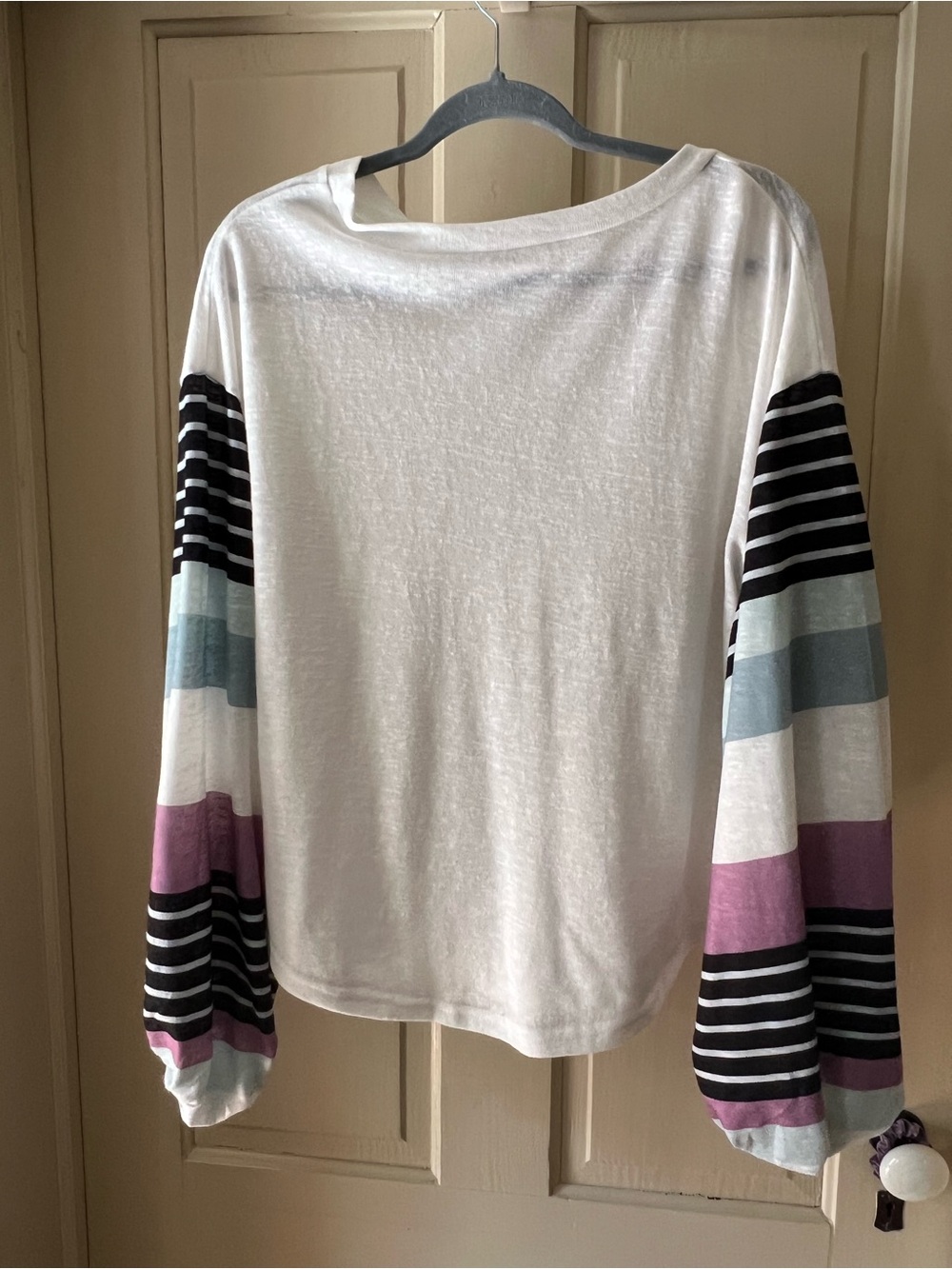 Women’s White Long Sleeve Top with Striped Colorblock Sleeves